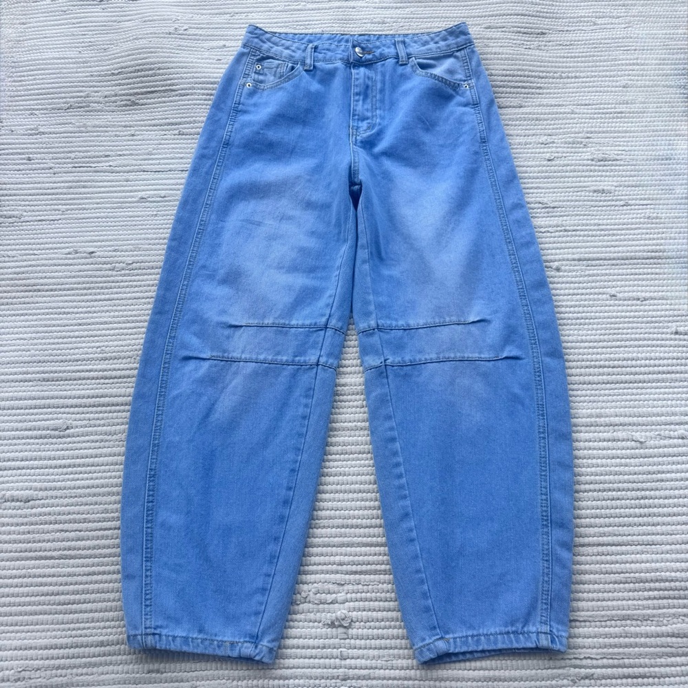 Barrel Leg Horseshoe Jeans High Rise Curved Leg Denim Blue M Trend